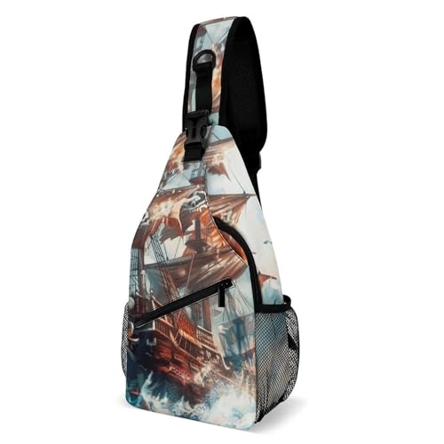 Sling Bag Reise-Brusttasche mit verstellbarem Gurt, ideal zum Wandern, Laufen oder Pendeln, Piratenschiff im Ozean von Generisch