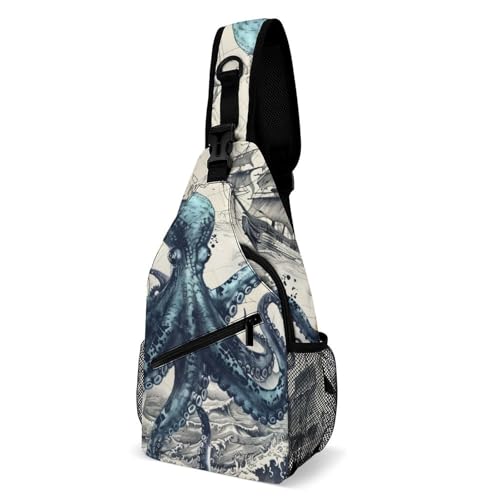 Sling Chest Bag, Shoulder Pack with Multiple Storage Options, Great for Outdoor Adventures and Daily Activities, Nautical Map with Octopus And Ship von Generisch