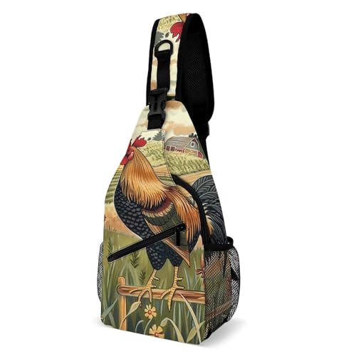 Sling Chest Bag, Shoulder Pack with Multiple Storage Options, Great for Outdoor Adventures and Daily Activities, Rooster And Chickens on Farm von Generisch