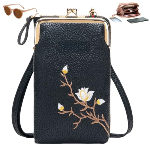 Sling Cross-Body Wallet with Cell Phone Holder, Light Multiple Slots Women Wallets, Retro Anti-Theft Coin Clutch Bag (Black, 11 * 5 * 19.5cm/4.3 * 2 * 7.7in) von Generisch