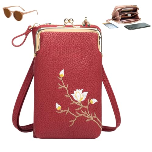 Sling Cross-Body Wallet with Cell Phone Holder, Light Multiple Slots Women Wallets, Retro Anti-Theft Coin Clutch Bag (Red, 11 * 5 * 19.5cm/4.3 * 2 * 7.7in) von Generisch