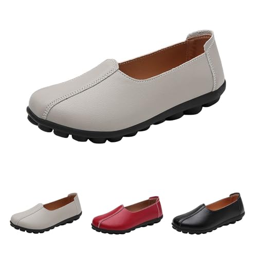 Slip-On Loafers Damen Leder Mokassins Komfort Leichte Flache Schuhe Damen Casual Orthopädische Loafer Rutschfest Fahren Casual Runde Zehen Ballett Flache Schuhe mit Ganztägigem Komfort, grau, 37.5 EU von Generisch