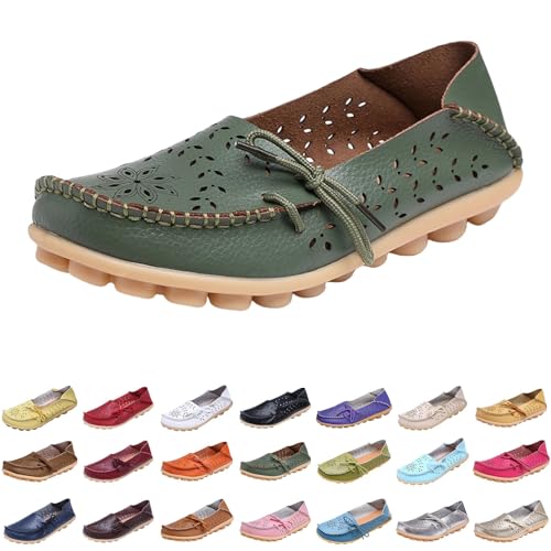 Slip-On-Slipper für Damen, Leder, Penny-Loafer, bequem, lässig, elegant, flache Fahrschuhe, breite Passform, runder Zehenbereich, Mokassin, flach, weich, Wanderschuhe, Bootsschuhe, grün, 39 EU Slip-On-Slipper für Damen, Leder, Penny-Loafer, bequem, lässig, elegant, flache Fahrschuhe, breite Passform, runder Zehenbereich, Mokassin, flach, weich, Wanderschuhe, Bootsschuhe, grün, 39 EU von Generisch