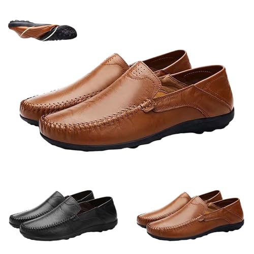 Slip-On-Slipper für Herren, klassisch, Leder, weiches Spaltleder, lässig, flach, Mokassins, Fahr- und Businessschuhe, leicht, bequem, braun, 38 2/3 EU von Generisch