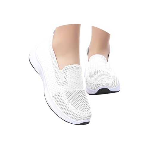 Slip-On-Sneaker für Damen, breite Passform, Fußgewölbeunterstützung, Plateau-Keil-Turnschuhe, bequem, orthopädisch, leicht, atmungsaktiv, Segeltuch-Mesh-Schuhe, Sneaker, C Weiß, 39 EU von Generisch