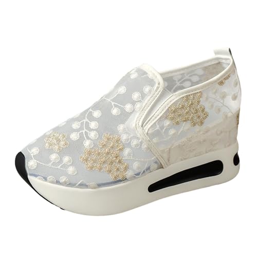Slip On Sneakers Damen Mesh Spitze Keilabsatz Schuhe Atmungsaktive Ausgeschnittene Stoffschuhe Freizeit Turnschuhe Plattform Laufschuhe Sommer Glitzer Slip On Walkingschuhe Einfarbig Freizeitschuhe von Generisch