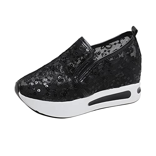 Slip On Sneakers Damen Mesh Spitze Keilabsatz Schuhe Atmungsaktive Ausgeschnittene Stoffschuhe Freizeit Turnschuhe Plattform Laufschuhe Sommer Glitzer Slip On Walkingschuhe Einfarbig Freizeitschuhe von Generisch