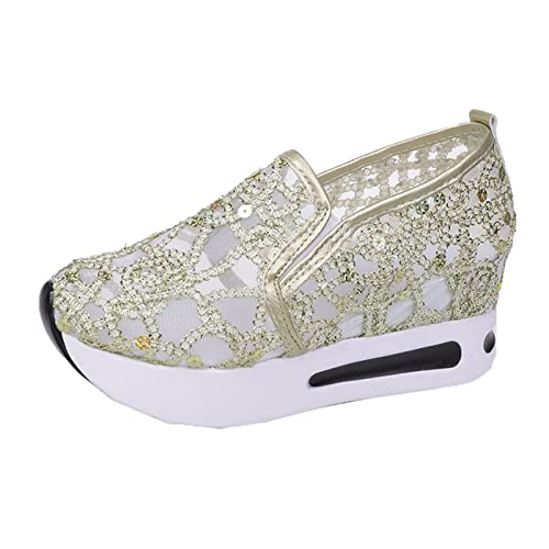 Slip On Sneakers Damen Mesh Spitze Keilabsatz Schuhe Atmungsaktive Ausgeschnittene Stoffschuhe Freizeit Turnschuhe Plattform Laufschuhe Sommer Glitzer Slip On Walkingschuhe Einfarbig Freizeitschuhe von Generisch