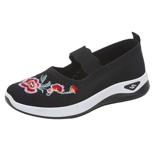 Slip On Sneakers Damen Schwarz, Damen Sneaker Memory Foam Netzschuhe Mit Blumen Slip-On Schuhe Sneaker Floral Bequeme Freizeitschuhe Flache Stoffschuhe Atmungsaktive Urbanschuhe Walkingschuhe von Generisch