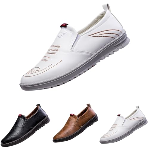 Slip-on Loafers Herren Casual Bequeme Wanderschuhe Herren Weite Strukturierte Nähten Rutschfest Weich Mokassin Leicht Fahren Business Leder Schuhe, weiß, 39 2/3 EU von Generisch