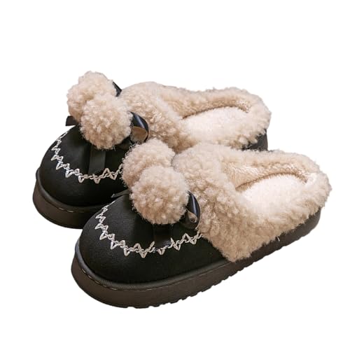 Slipper Damen Gemütliche Winterhausschuhe mit Sohle und Pompom-Detail, weiche Fleece-Schuhe für drinnen und draußen, Komfort (Black, 40) von Generisch