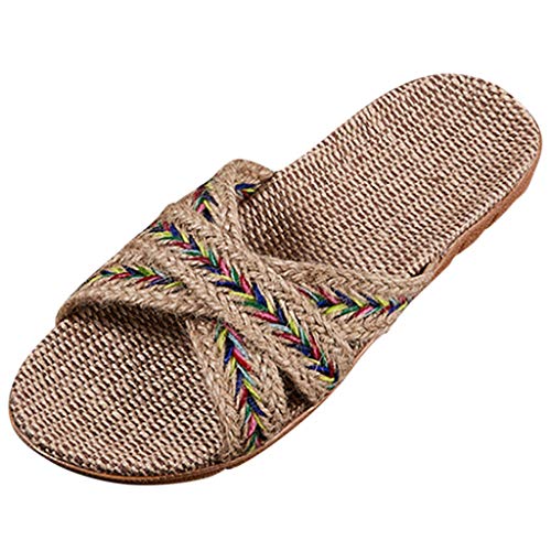 Slipper Damen Leicht Bambus - Sandaletten Damen Flach Strand Hausschuhe Bequem Lenienschuhe Rutschfest Flachschuhe Espadrilles Sandaletten Offener Zeh Strandschuhe Slip-On Slippers Schlappen von Generisch