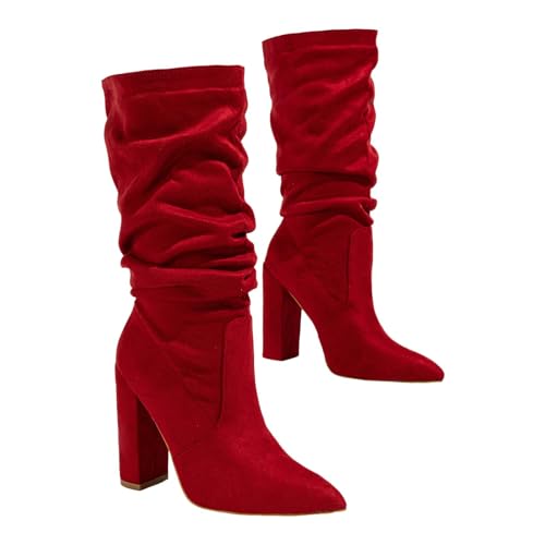 Slouchy Damen-Stiefel, hoher Absatz, Winter, Wildleder, spitzer Zehenbereich, klobiger Blockabsatz, Schlupfstiefel, wadenhoch, rot, 36 EU von Generisch