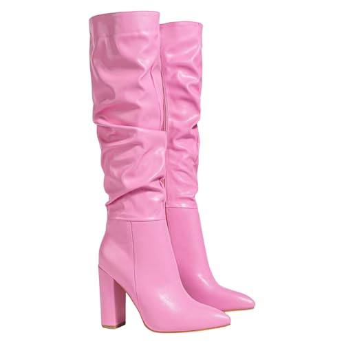 Slouchy Kniehohe Stiefel für Damen, spitzer Zehenbereich, klobiger Blockabsatz, hohe Stiefel mit seitlichem Reißverschluss, rosa (1), 37.5 EU von Generisch