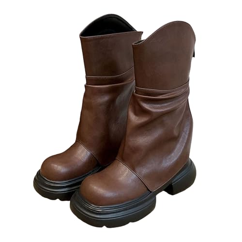 Slouchy Mid Calf Boots für Damen, klobige Plattform, runde Zehenpartie, breiter Wadenreißverschluss, Kampfreitstiefel, braun, 37 EU Slouchy Mid Calf Boots für Damen, klobige Plattform, runde Zehenpartie, breiter Wadenreißverschluss, Kampfreitstiefel, braun, 37 EU von Generisch