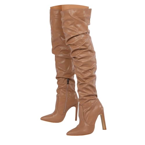 Slouchy Overknee-Stiefel für Damen, Lackleder, spitzer Zehenbereich, Blockabsatz, seitlicher Reißverschluss, Oberschenkelhohe Stiefel, khaki, 37.5 EU Slouchy Overknee-Stiefel für Damen, Lackleder, spitzer Zehenbereich, Blockabsatz, seitlicher Reißverschluss, Oberschenkelhohe Stiefel, khaki, 37.5 EU von Generisch