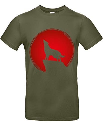 Smilo & Bron Herren T-Shirt mit Motiv Heulender Wolf im Sonnenuntergang Bedruckt Grün Urban Khaki M von Generisch