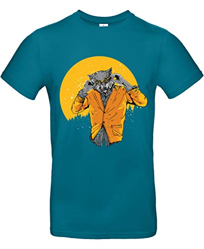 Smilo & Bron Herren T-Shirt mit Motiv Night Thriller Wolf Bedruckt Türkis Diva Blue L von Generisch