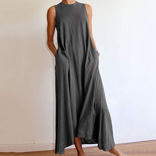 Solide Ärmellos Ausschnitt Farbe Frauen Freizeitkleid Langrock rundes Frauenkleid Kleid Mini Damen (Grey, M) von Generisch