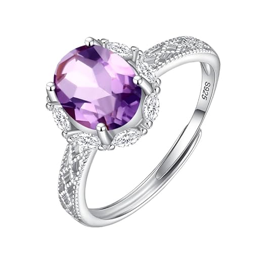Solitär-Verlobungsringe Aus 925Er Silber, Verstellbarer Fingerring, Natürlicher Edelstein, Ovaler Geburtsstein, Ehering Für Frauen Und Mädchen, Schmuckgeschenke Mit Box, Amethystring von Generisch