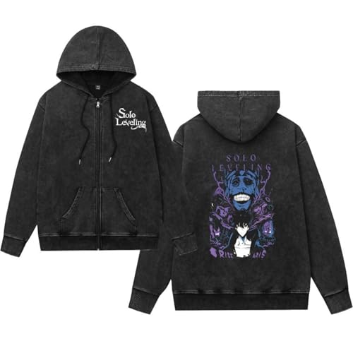 Solo Leveling Vintage Washed Hoodie Unisex Zip Up Anime Sweatshirt Retro Oversized Pullover für Männer Frauen Jungen Mädchen, Black-C, M von Generisch