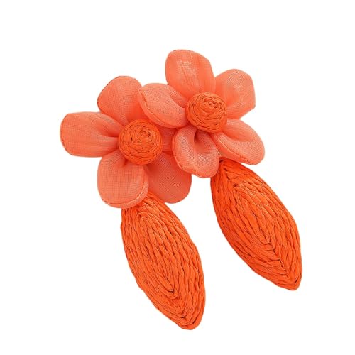 Sommer Boho Orange Raffia Blumen Ohrringe Statement Handgemacht Geflochten Rattan Tropfen Ohrringe Sommer Tropischer Strand Schmuck für Frauen Mädchen Teenager von Generisch