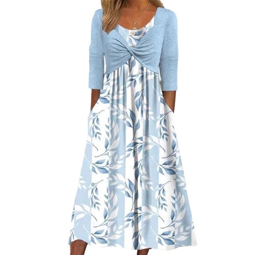 Sommer Damen Kleider Set Elegant Maxikleider mit Retro Blumenmuster Boho Kleid Locker Geschnitten A-Linie Freizeitkleider Leicht Und Luftig Lang Sommerkleid (Light Blue, M) von Generisch