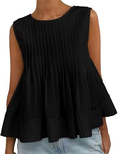 Sommer Damen Plissee Schößchen Ärmellos Bluse Tank Tops Flowy Rundhalsausschnitt Knopfleiste Rücken Design Baumwollhemd Pendeln All-Match, Schwarz , M von Generisch