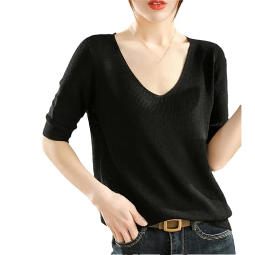 Sommer Halbarm Damen V-Ausschnitt Sweater Blended Pullover T-Shirt Strick Bottoming Casual Sweater, Schwarz , M Sommer Halbarm Damen V-Ausschnitt Sweater Blended Pullover T-Shirt Strick Bottoming Casual Sweater, Schwarz , M von Generisch