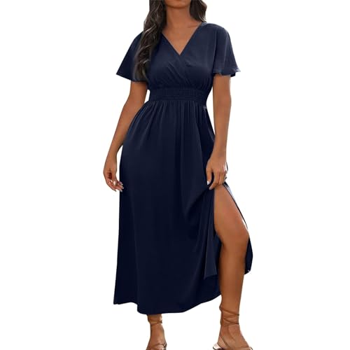 Sommer Kleider Lang mit Ärmeln Sommerkleid Damen Leicht Maxi Wickelkleid Strand V Ausschnitt A Linie Kleid mit Schlitz Elegant Sommerkleider Kurzarm Hohe Taille Korsett Strandkleid Luftig von Generisch