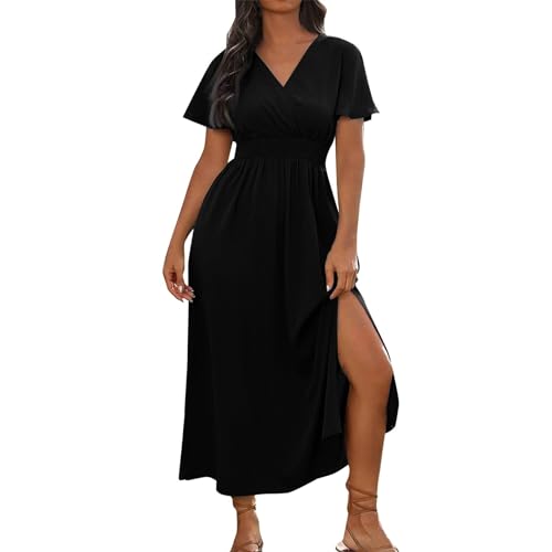 Sommer Kleider Lang mit Ärmeln Sommerkleid Damen Leicht Maxi Wickelkleid Strand V Ausschnitt A Linie Kleid mit Schlitz Elegant Sommerkleider Kurzarm Hohe Taille Korsett Strandkleid Luftig von Generisch
