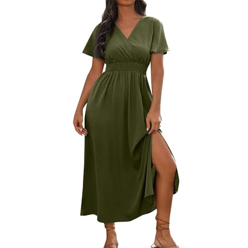 Sommer Kleider Lang mit Ärmeln Sommerkleid Damen Leicht Maxi Wickelkleid Strand V Ausschnitt A Linie Kleid mit Schlitz Elegant Sommerkleider Kurzarm Hohe Taille Korsett Strandkleid Luftig von Generisch