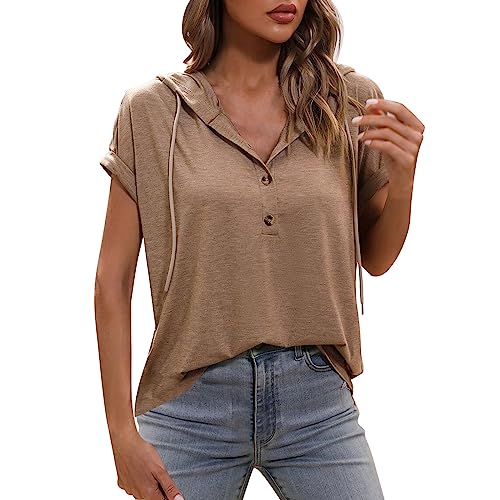 Sommer-Kurzarm-Hoodie mit verstellbarem Kordelzug und V-Ausschnitt Knopfverschluss, Damen T-Shirt, Oberteile, Sweatshirt mit Kapuze (Brown, S) von Generisch