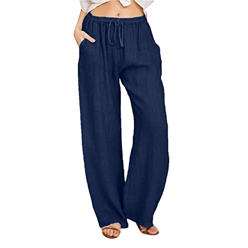 Sommer Leinenhose Damen Leichte Große Größe Einfarbig Boho Freizeit Hose Lang Locker Sommerhose Casual Atmungsaktiv Gerades Bein Hosen Weich Bequem Stoffhose Leicht Strandhosen mit Kordelzug Taschen von Generisch