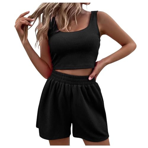 Generisch 2 Teiler Damen Sommer, Zweiteiler Damen Sommer Hosenanzug Elegant Outfits Kleidung 2 Teiler Set Crop Tank Top + Shorts Y2k ärmelloses Yoga Set Workout Sport Anzug Schwarz von Generisch