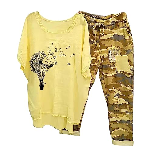 Sommer-Outfits für Damen, lässig, zweiteilig, Rundhalsausschnitt, kurzärmelig, Bluse, Tops und bequeme Camouflage-Hose, Damen-Loungewear-Sets UK, gelb 3, xxl, Boho-Outfits für Damen von Generisch