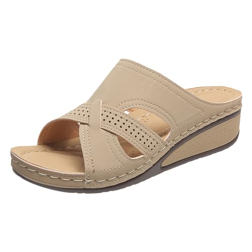 Sommer Pantoletten Damen Strandsandaletten Plattform Leder Modische Aushöhlen Plateau Strand Sandalen Vintage Lässige rutschfest Open Toe Römische Sandaletten von Generisch