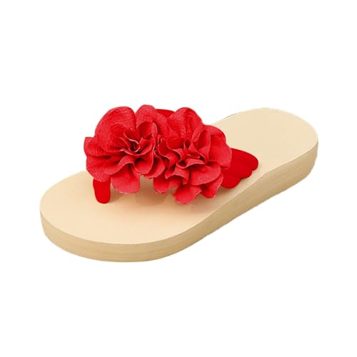 Sommer Pool Strand Hausschuhe Mesh Blumen Flache Flip Flops Sohle Hausschuhe Damen Sommer Strand Urlaub Sandalen Absatz Flip Flops Damen, rot, 37.5 EU von Generisch