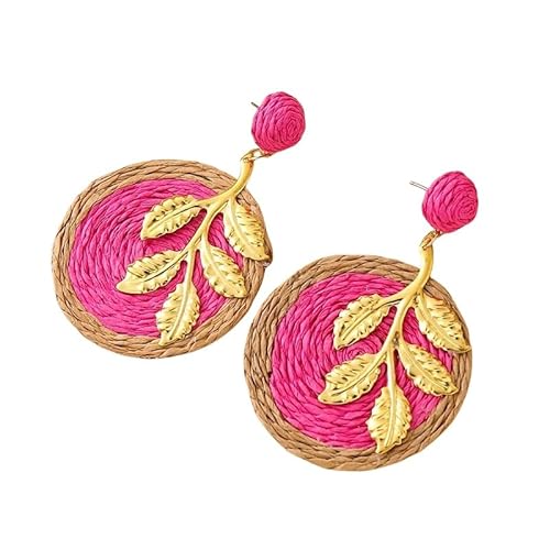 Sommer Rattan Ohrringe, Leicht, Boho Rosa Rot, Raffia Ohrringe für Frauen und Mädchen, Handgefertigt, Rattan Scheiben, Baumelnde Ohrstecker, Tropischer Strandschmuck von Generisch