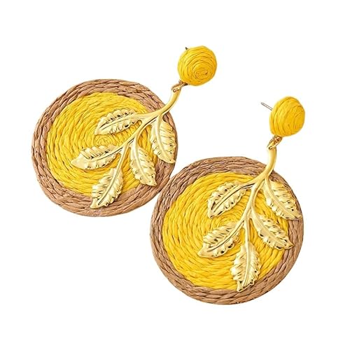 Sommer Rattan Ohrringe, Leichte Boho Gelb Raffia Ohrringe für Frauen und Mädchen, Handgefertigte Rattan Scheiben, Baumelnde Ohrstecker, Tropischer Strandschmuck von Generisch