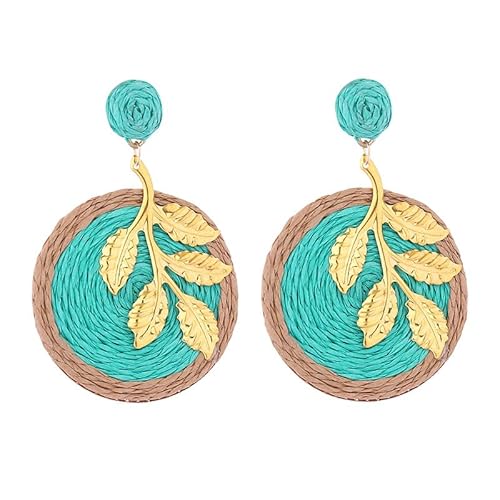 Sommer Rattan Ohrringe, Leichte Boho Grün Raffia Ohrringe für Frauen und Mädchen, Handgefertigte Rattan Scheiben, Baumelnde Ohrstecker, Tropischer Strandschmuck von Generisch