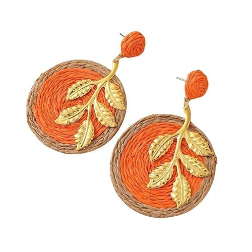Sommer Rattan Ohrringe, Leichte Boho Orange Raffia Ohrringe für Frauen und Mädchen, Handgefertigte Rattan Scheiben, Baumelnde Ohrstecker, Tropischer Strandschmuck von Generisch