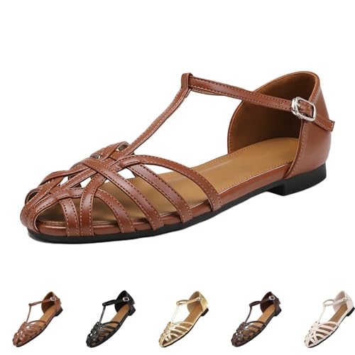 Sommer Sandalen Damen Bequem Sandaletten Vorne Geschlossen Schick Outdoorsandale Leder Römersandalen Atmungsaktiv Walkingsandalen Leichte Rutschfeste Freizeitsandale Flache Trekkingsandalen von Generisch