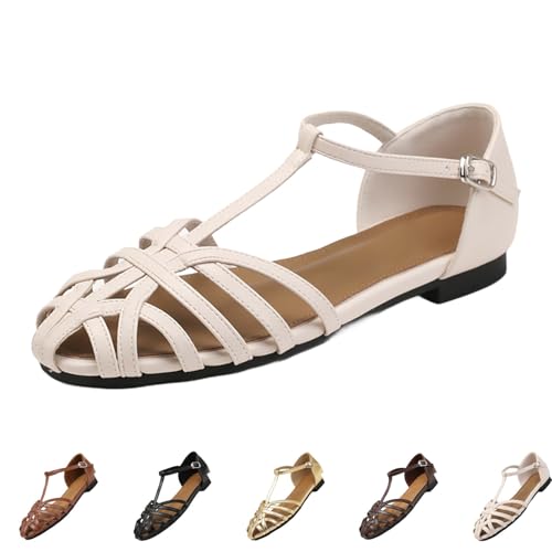 Sommer Sandalen Damen Bequem Sandaletten Vorne Geschlossen Schick Outdoorsandale Leder Römersandalen Atmungsaktiv Walkingsandalen Leichte Rutschfeste Freizeitsandale Flache Trekkingsandalen von Generisch