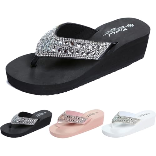Sommer Sandalen Keilabsatz Flip Flops Damen Elegant Zehentrenner Damen Glitzer Strasssteine Sandaletten Weiche Fußbett Pool Meer Strand Outdoor von Generisch