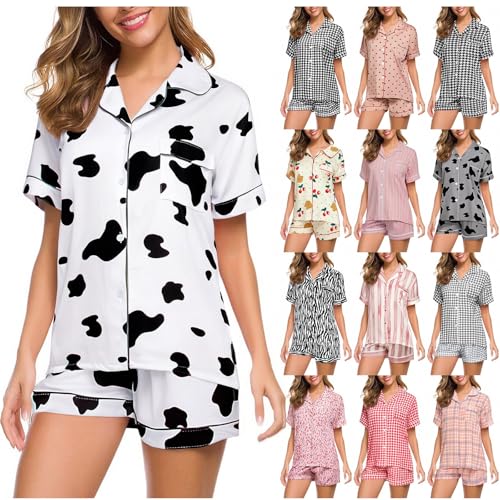 Sommer Schlafanzug Damen Süß, Pyjama Set Damen Mit Knöpfen Kurz Zweiteiliges Nachtwäsche Bequemes Hausanzug Kurzarm Shorts Loungewear Print Lounge Set Sleepwear Schlafanzüge Fur Teenager Mädchen von Generisch