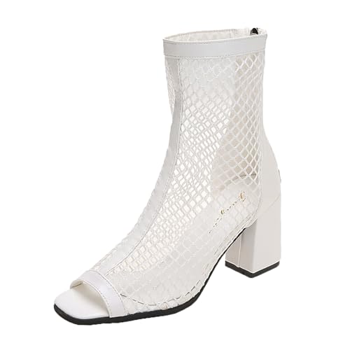 Sommer Stiefeletten Damen Rückenreißverschluss High Heels Stiefel Klassisch & Modisch Netz-Stiefeletten mit Peep Toe und Blockabsätzen Kurzschaft Damenstiefel Kurzstiefel Freizeit Atmungsaktiv Schuhe von Generisch