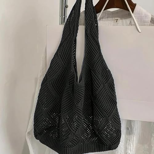 Sommer Strandtasche Damen Umhängetasche Häkeltaschen, Vintage Mesh Strohtasche Damen Stroh Schultertasche Handtasche, Boho Gehäkelte Tragetasche Für Reisen Einkaufen Und Urlaub (Schwarz) von Generisch