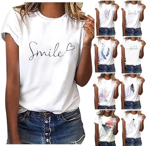 Sommer T-Shirt Damen Oberteile Basic Shirt Tops Teenager Mädchen Bedrucken Rundhalsausschnitt Weisses T Shirt Baumwolle Tshirt Kurzarm Casual Damen Locker Bluse Sportshirt 2024 Tunika von Generisch