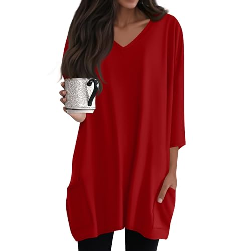Sommerbluse Leicht Leinenbluse Luftig Langarmshirt Oversize Bluse Elegant Shirts Einfarbig Hemd Mode Oberteil Atmungsaktiv Musselinbluse Sommer Tops Outdoor T-Shirts(1-Red,XL) von Generisch